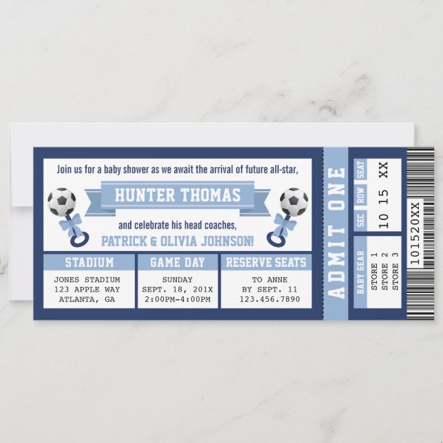 Soccer Ticket Baby Shower Invitation, Blue Invitation (Front)