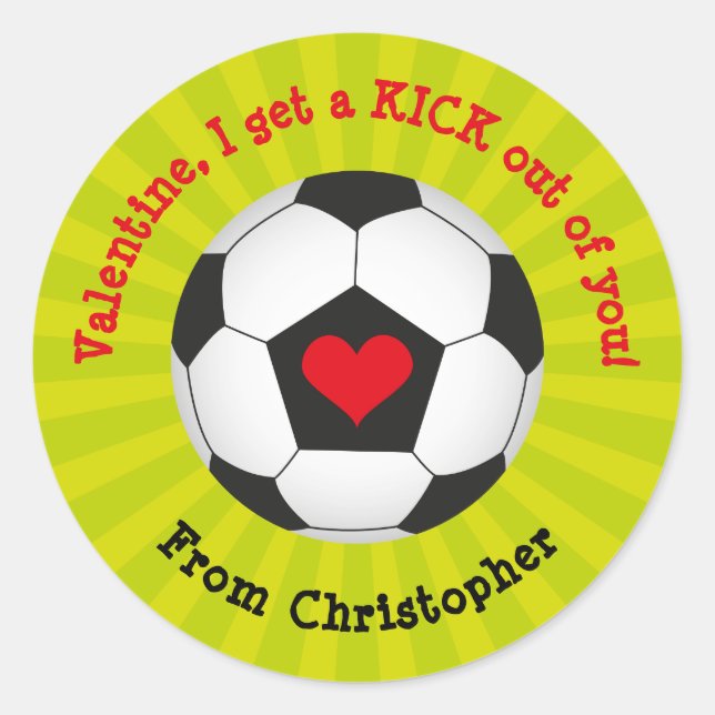 Soccer Valentines Day Round Sticker for Kids (Front)