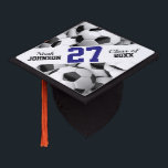 Soccerballs Custom Jersey Number Graduation Cap Topper<br><div class="desc">Soccerballs/footballs in black and white background with area for customization. Personalize with your name,  jersey number and the year of your graduation. Design is fully customizable and you can select your team/school colours.</div>