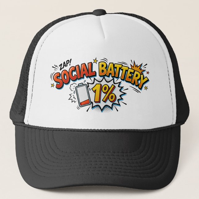 Social Battery 1% Funny Introvert Comic  Trucker Hat (Front)