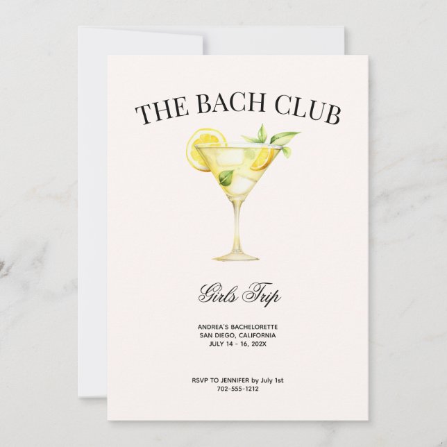 Social Club Lemon Cocktail Bach Itinerary and  Invitation (Front)