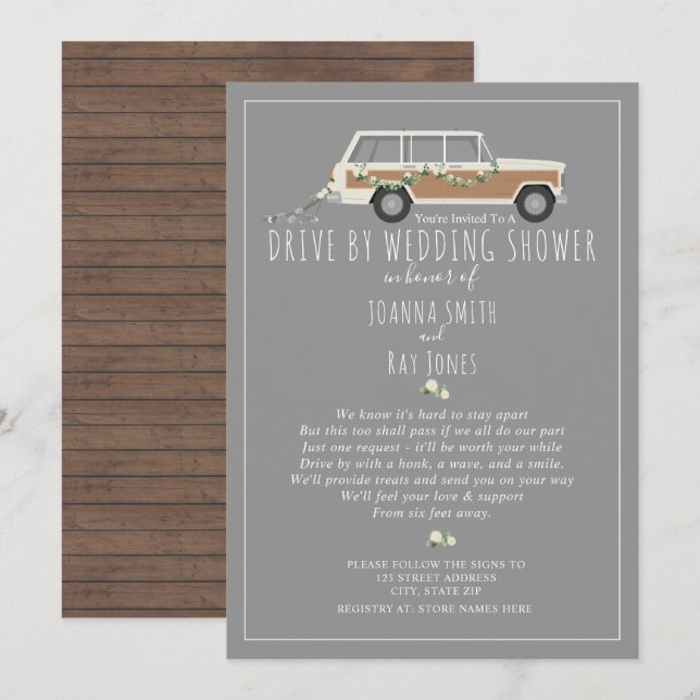 Social Distancing Drive By Wedding Shower Grey Invitation (Front/Back)