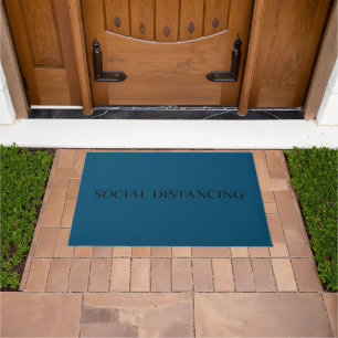 Social distancing serif typography funny teal blue doormat
