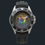 Social Justice Rainbow Colours Word Art   Watch<br><div class="desc">Trendy watch features colourful word art design that covers all the bases with its shoutout to human rights.  Quotes include:  Black Lives Matter,  Science is Real,  Love is Love,  Women's Rights are Human Rights,  No Human is Illegal,  and Kindness is Everything. Black background with centre rainbow heart and sunflower</div>