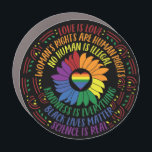 Social Justice Word Art Car Magnet<br><div class="desc">Colourful word art design gives a shout out to a variety of social justice movements including Black Lives Matter,  Science is Real,  Love is Love,  Women's Rights are Human Rights,  and more. Black background with centre rainbow heart and sunflower</div>