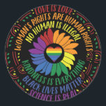 Social Justice Word Art   Classic Round Sticker<br><div class="desc">Colourful word art design sticker covers all the bases with its shoutout to human rights.  Quotes include:  Black Lives Matter,  Science is Real,  Love is Love,  Women's Rights are Human Rights,  No Human is Illegal,  and Kindness is Everything. Black background with centre rainbow heart and sunflower</div>