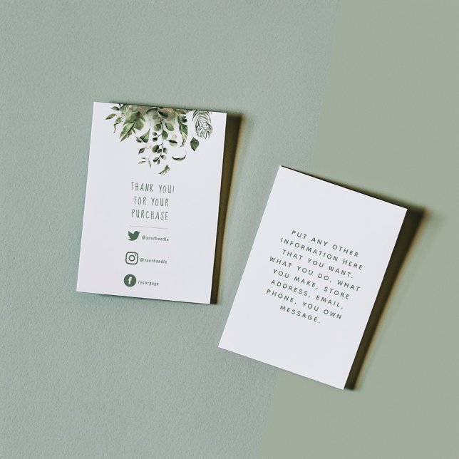 Social Links, green leaves thanks you insert Card (Green leaves, colored social links and fun text thank you enclosure card for orders.)