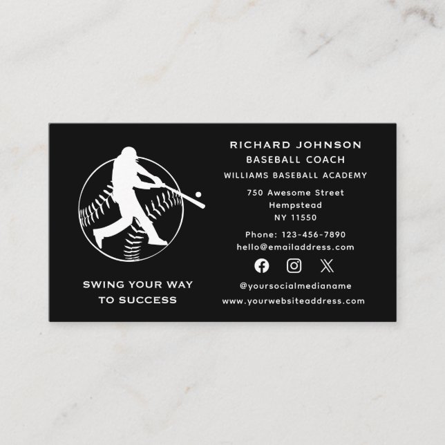 Social Media Baseball Coach Softball Instructor Business Card (Front)