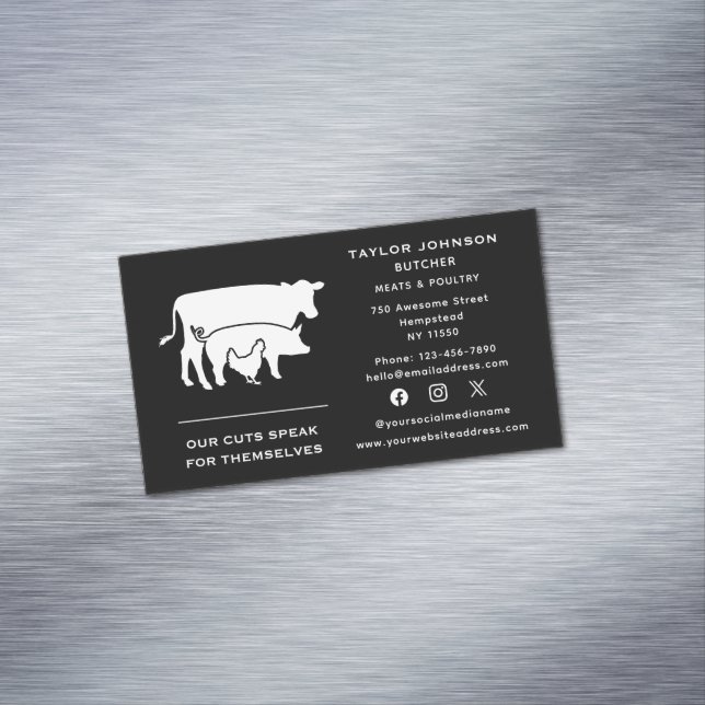 Social Media Butcher Meat Market Cow Pig Chicken Magnetic Business Card (In Situ)