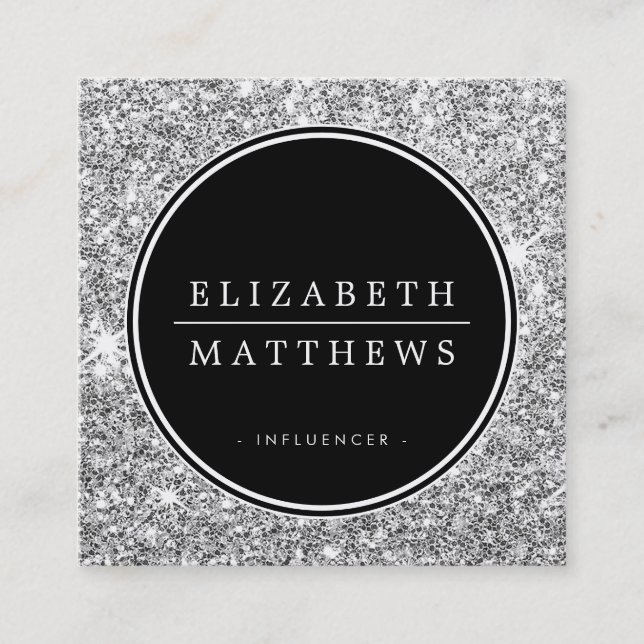 SOCIAL MEDIA circle border black silver glitter Square Business Card (Front)