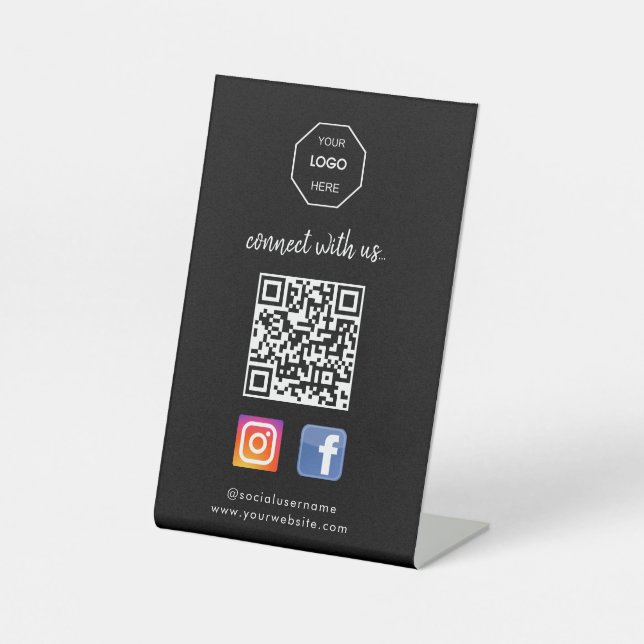 Social Media | Contact Us | QR Code Black Business Pedestal Sign (Front)