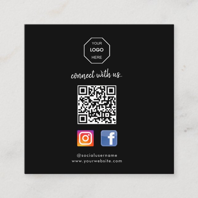 Social Media | Contact Us | QR Code Black Business Square Business Card (Front)