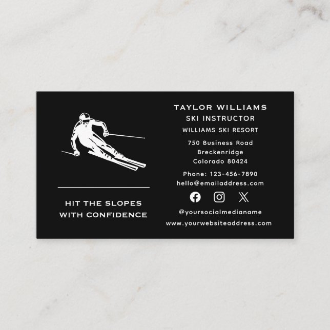 Social Media Fun Skier Skiing Coach Ski Instructor Business Card (Front)