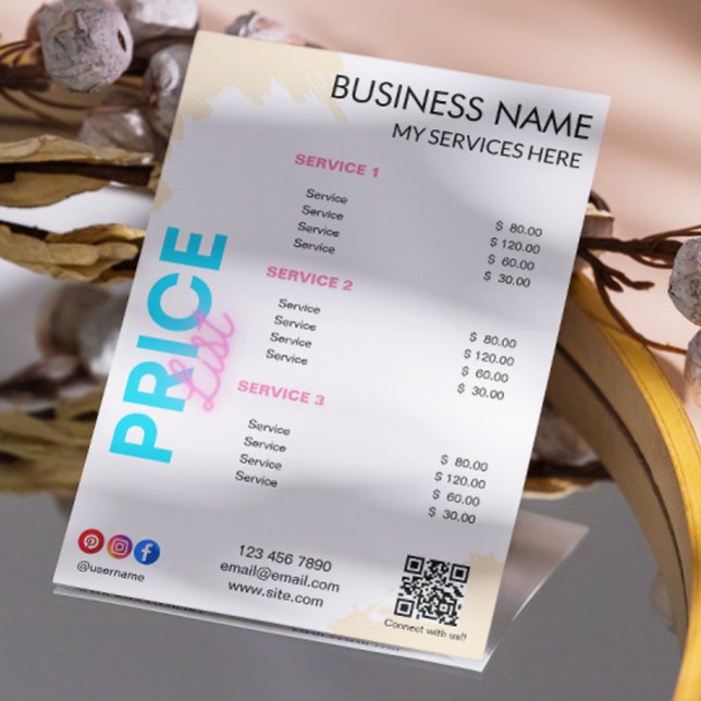 Social Media Icons List Of Services Qr Code Flyer (Simple Modern Esthetician Price List Menu Qr Code Flyer)