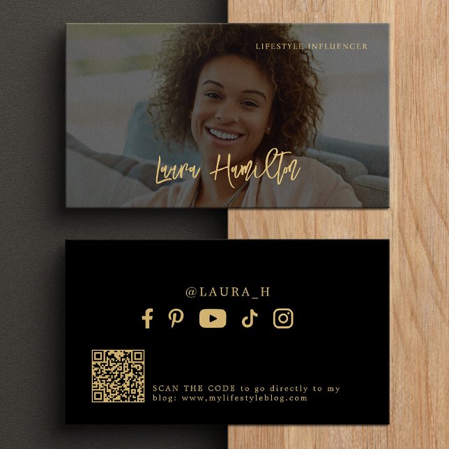 Social media influencer photo qr code black gold business card (Creator Uploaded)