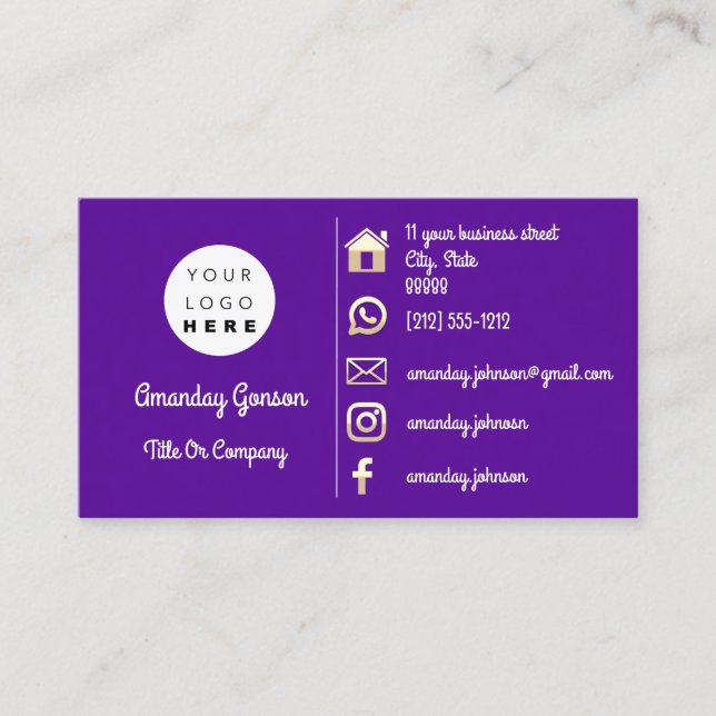 Social Media Logo Gold QR Code Custom Purple Business Card (Front)