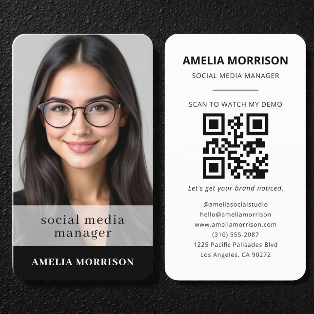 Social Media Manager Black White QR Code Photo  Business Card (Creator Uploaded)