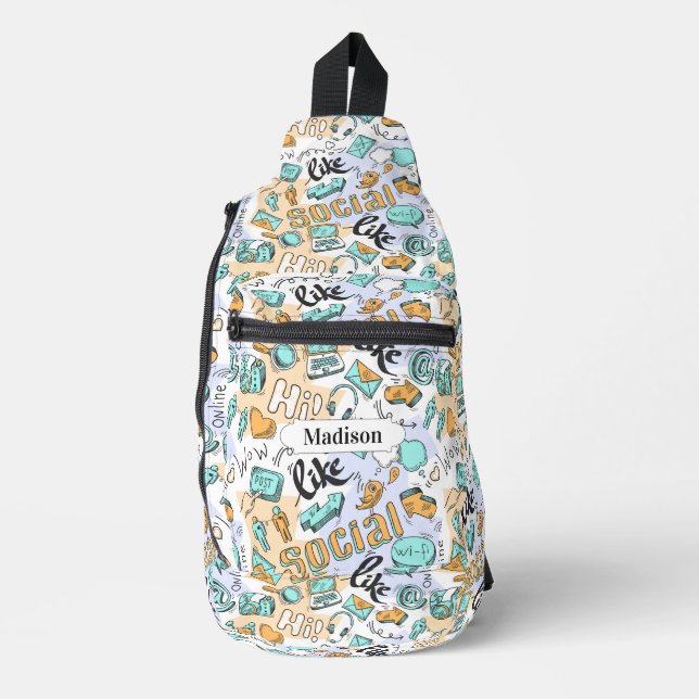 Social Media Pattern custom name Sling Bag (Front)