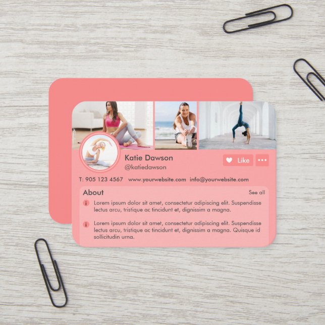 Social Media Personal Fitness Trainer Profile Page Business Card (Front/Back In Situ)