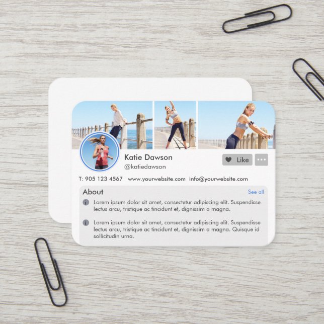 Social Media Personal Fitness Trainer Profile Page Business Card (Front/Back In Situ)