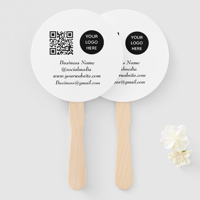 Social media QR Code Black Modern Business Logo Hand Fan (Front and Back)