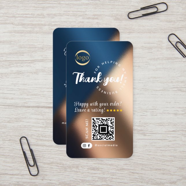 Social Media QR Code Logo Thank You Navy Blue Gold Business Card (Front/Back In Situ)