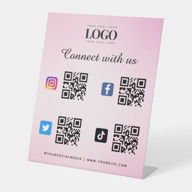 Social Media Qr Code Logo Twitter Facebook Pink Pedestal Sign (Front)
