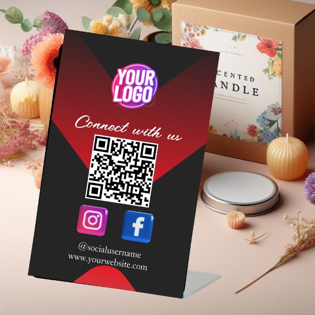 Social Media QR Code Red Black Business Card Pedestal Sign (Creator Uploaded)
