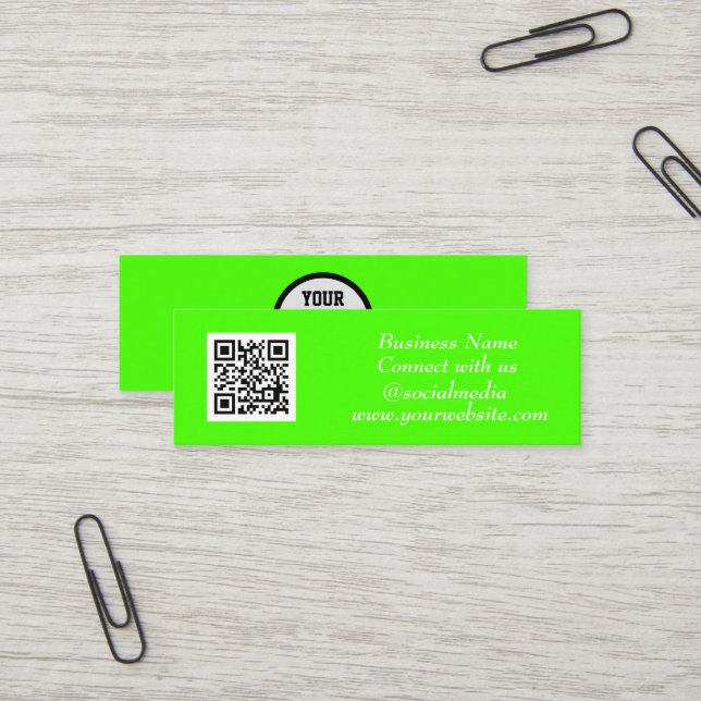Social media QR Code Scannable Fluorescent Green Mini Business Card (Front/Back In Situ)