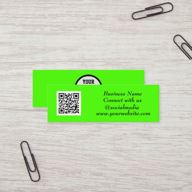 Social media QR Code Scannable Fluorescent Green Mini Business Card (Front/Back In Situ)