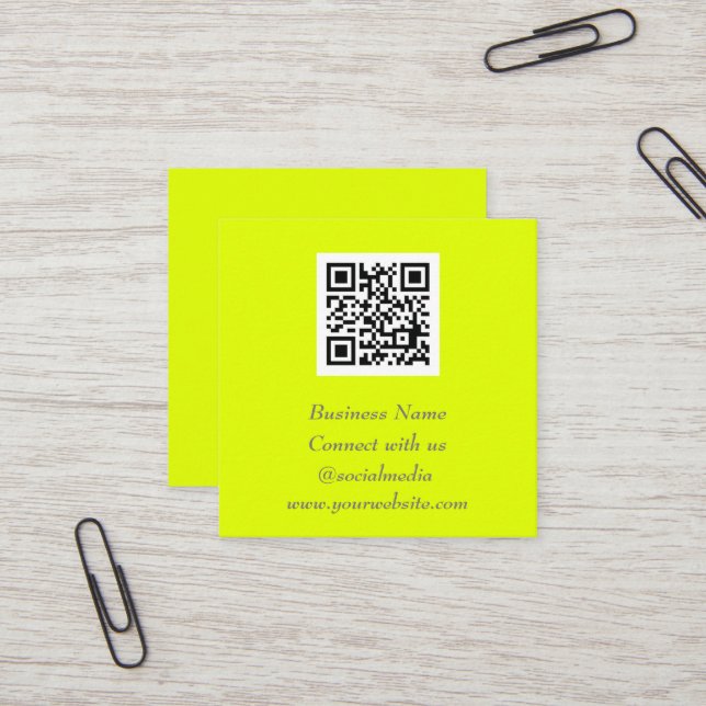 Social media QR Code Scannable Fluorescent Yellow Square Business Card (Front/Back In Situ)