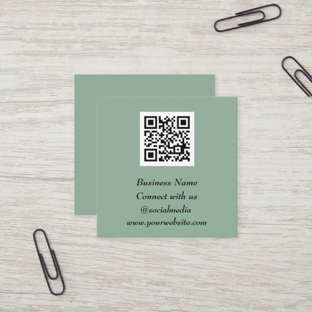 Social media QR Code Scannable Sage Green Square Business Card (Front/Back In Situ)