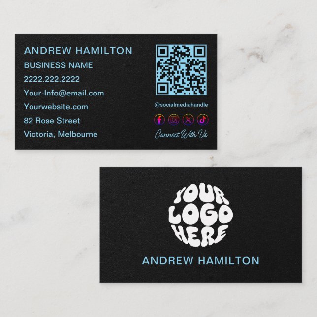 Social Media Scannable QR Code Logo Custom Black Business Card (Front/Back)