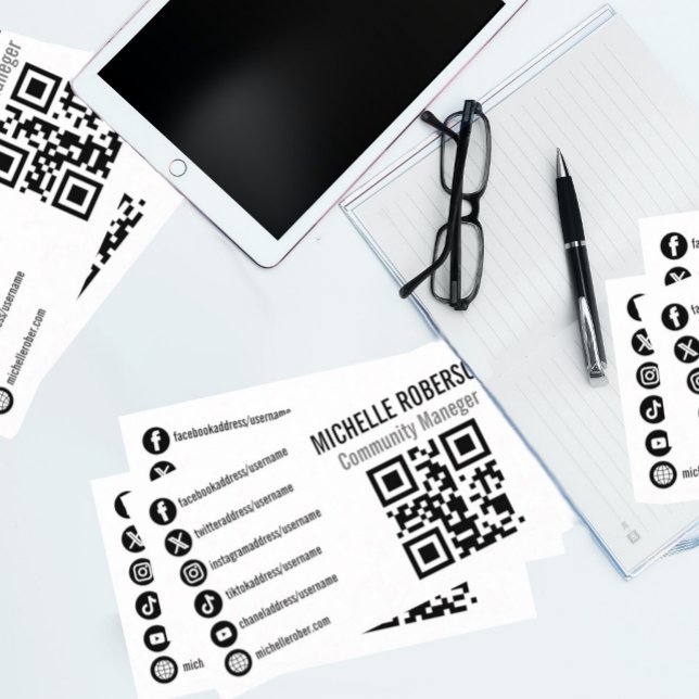 Social media symbols QR code logo or photo Business Card (Elegant black social media icons QR code on white background business card)
