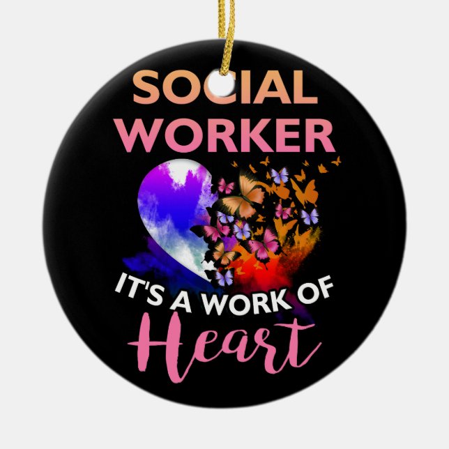 Social Worker Work of Heart Flower Butterfly Socia Ceramic Ornament (Front)