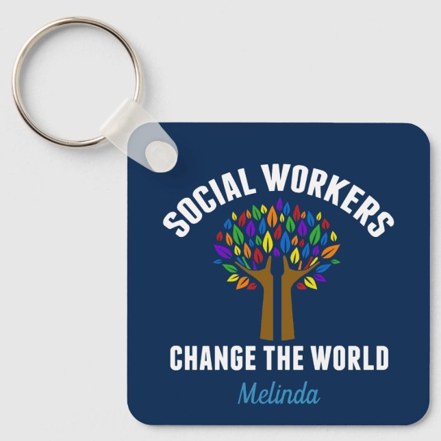 Social Workers Change the World Personalized Blue  Keychain (Front)