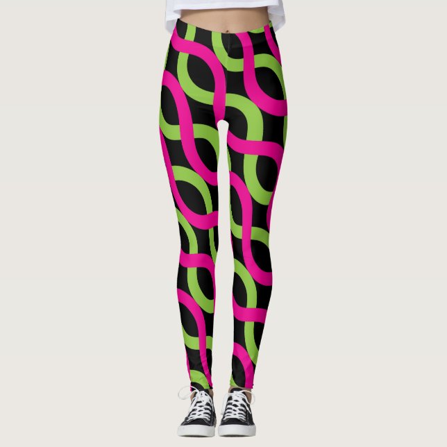 Socialite Pink Green Alternating Waves Pattern Leggings (Front)