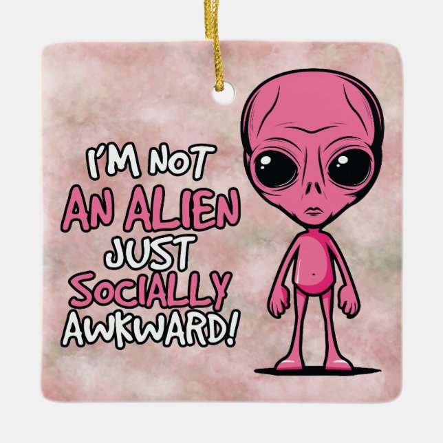 Socially Awkward Alien Cartoon Ceramic Ornament (Front)