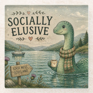 Socially Elusive Nessie Cozy Cryptid Loch Ness Glass Coaster