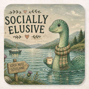 Socially Elusive Nessie Cozy Cryptid Loch Ness Square Paper Coaster
