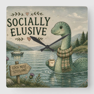 Socially Elusive Nessie Cozy Cryptid Loch Ness  Square Wall Clock