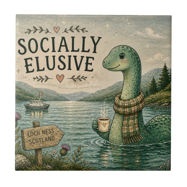 Socially Elusive Nessie Cozy Cryptid Loch Ness  Tile (Front)