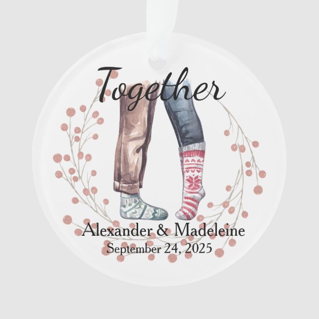 Sock Couple Celebrates "Together" Acrylic Ornament (Front)