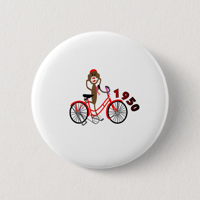 Sock Monkey % 1950's Bicycle Drawing--Unique 2 Inch Round Button (Front)