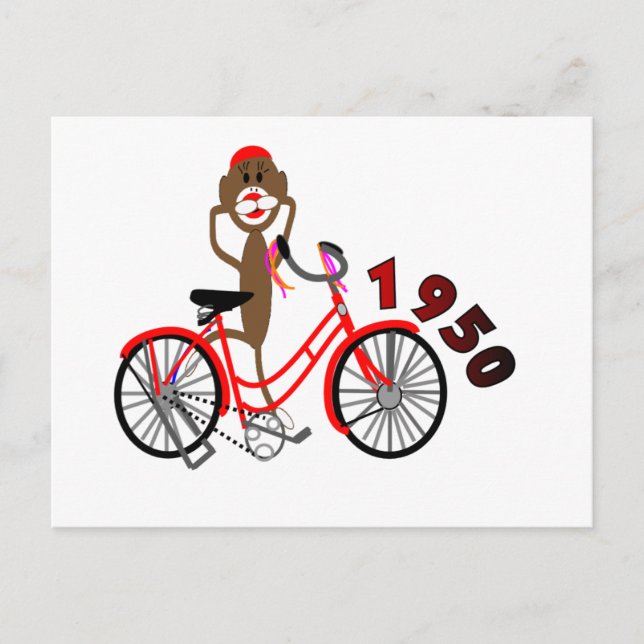 Sock Monkey % 1950's Bicycle Drawing--Unique Postcard (Front)
