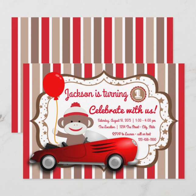 Sock Monkey 1st Birthday Party Invitation (Front/Back)