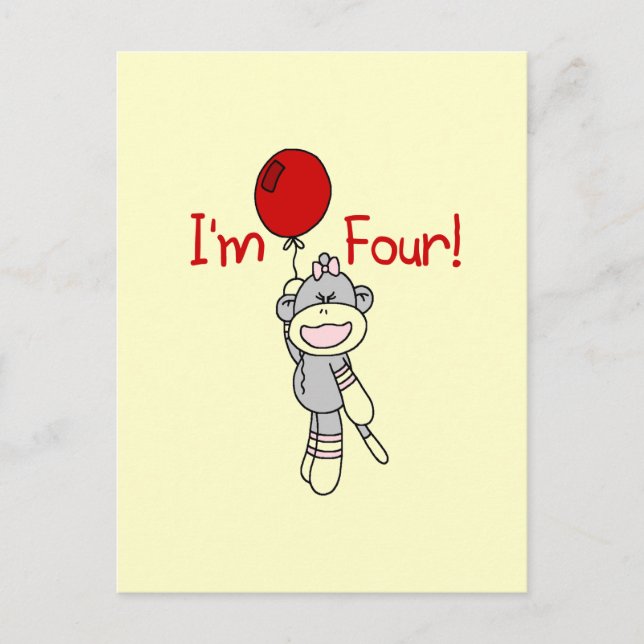 Sock Monkey 4th Birthday Tshirts and Gifts Postcard (Front)
