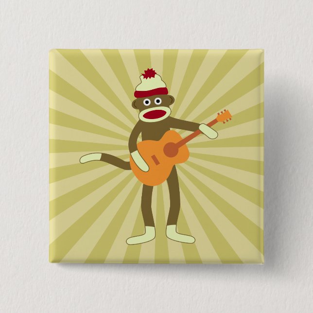 Sock Monkey Acoustic Guitar 2 Inch Square Button (Front)