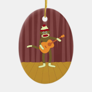 Sock Monkey Acoustic Guitar Ceramic Ornament