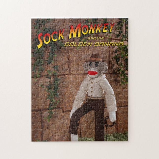 Sock Monkey and the Golden Banana 11x14 Jigsaw Puzzle (Vertical)